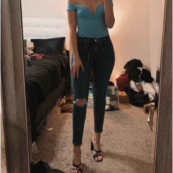 EXPRESS Blue Off the Shoulder V-Wire Body Suit - Picture 2 of 5